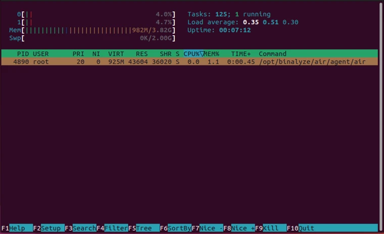 XDR Forensics Responder Architecture; overview and performance analysis: htop (filtered for XDR Forensics)